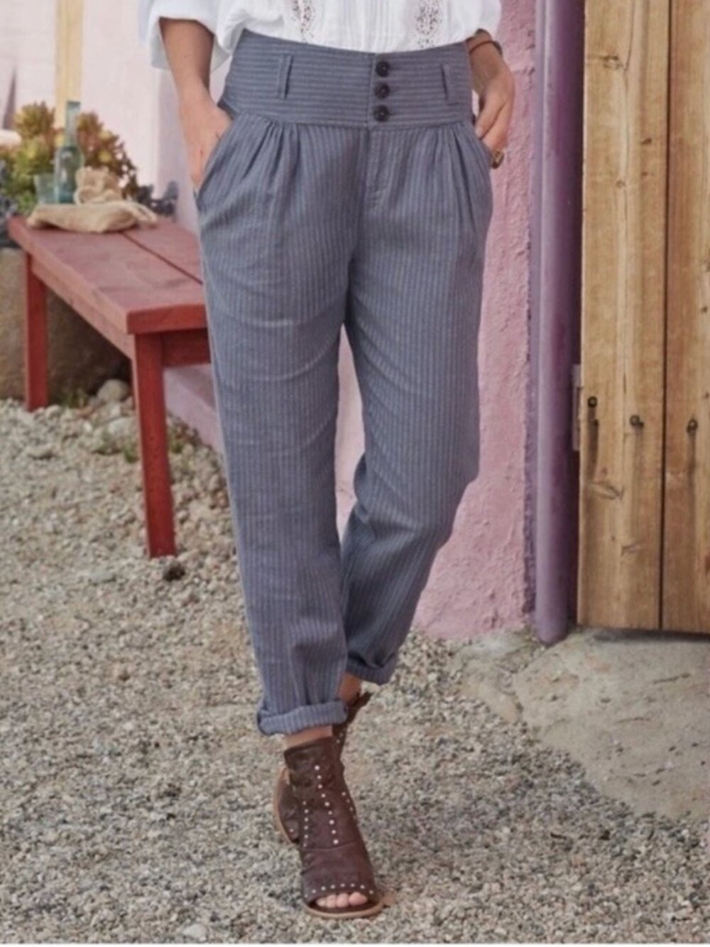 Sundance Amelia Linen Cotton Blend Tapered Pants Blue with Gray Pinstripe Size 2